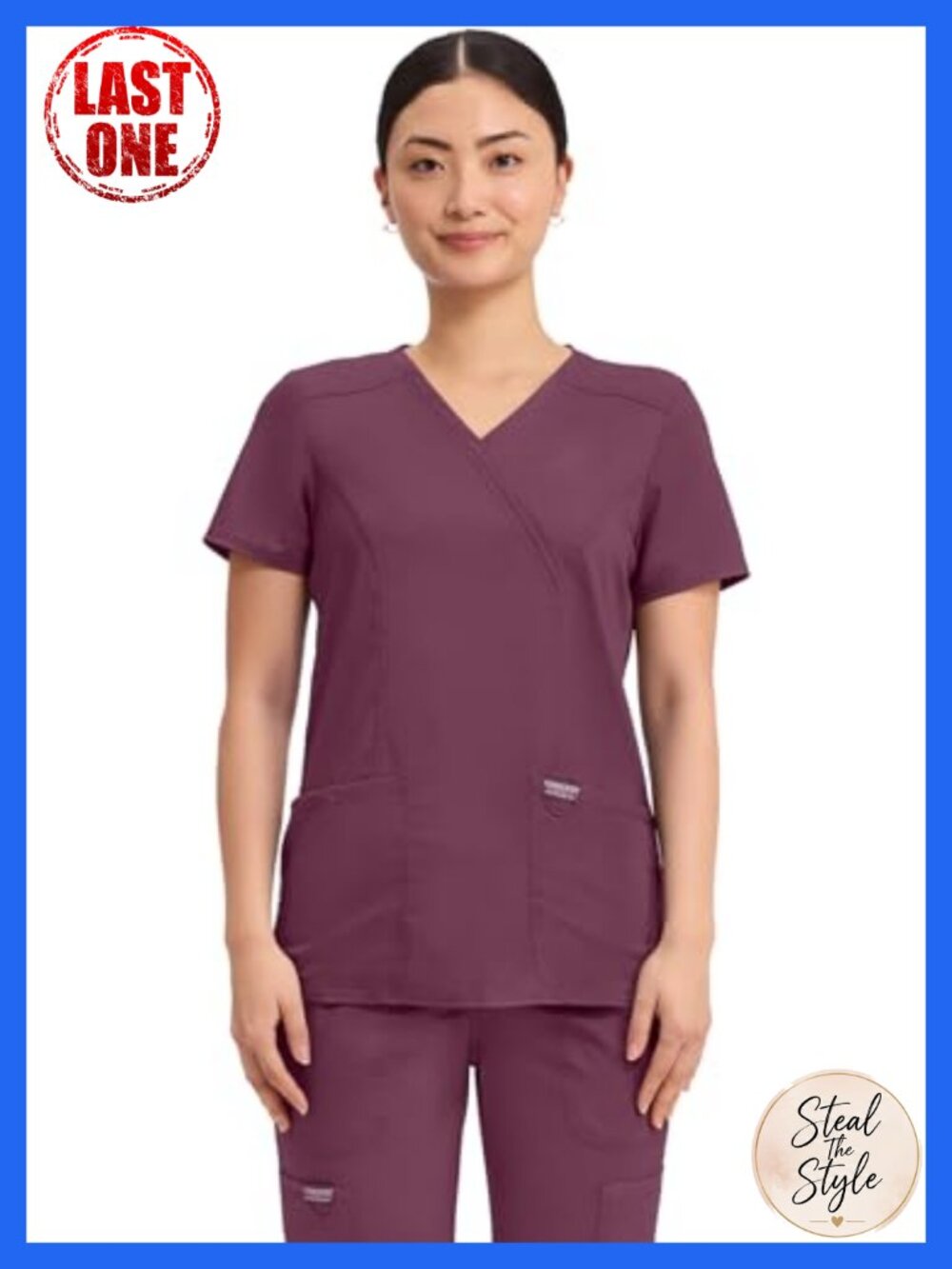 Mock Wrap Scrub Top Women Slim Fit 3 Pockets 2-Way Stretch Medical